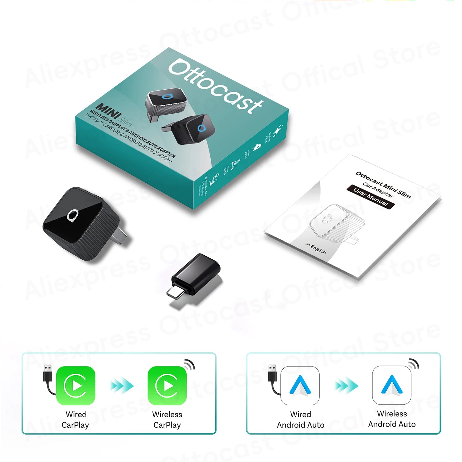 OTTOCAST Mini Slim Cube Wireless CarPlay Android Auto Adapter 2 in 1 USB AI Car Accessories for VW Haval Audi Kia Porsche Lexus