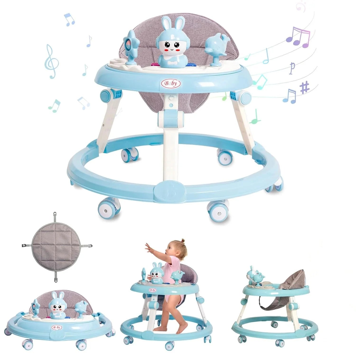 Musical Baby Walker Foldable Anti-Roll 6-Wheel Round Chassis Baby Activities Walker 6-Speed Height Adjustment Baby Ride with Toy