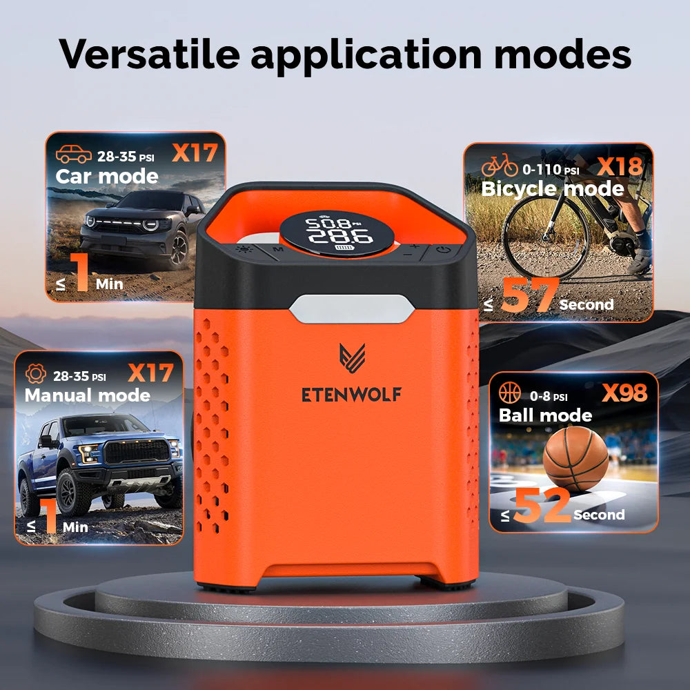 ETENWOLF ZEPHYR V3 Portable Car Compressor 160 PSI 100% Duty Cycle Car Tire Inflator 7800mAh For Cars Motorcycles Bicycles Balls