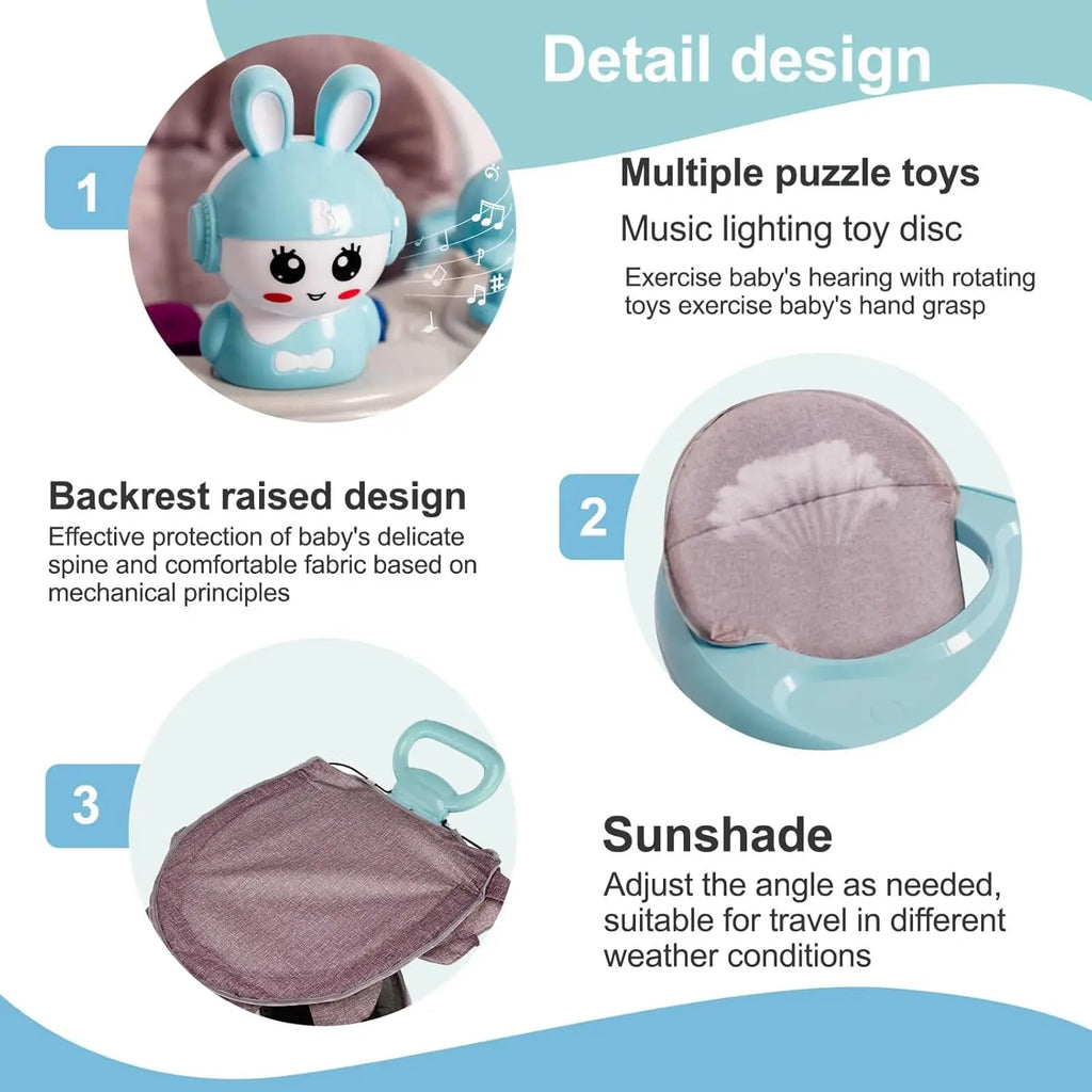 Musical Baby Walker Foldable Anti-Roll 6-Wheel Round Chassis Baby Activities Walker 6-Speed Height Adjustment Baby Ride with Toy