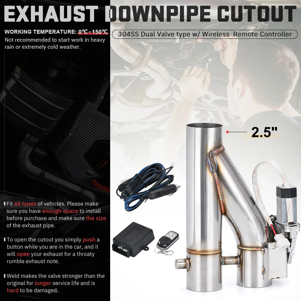 Universal Stainless Steel 304 2.0" 2.25" 2.5" 3" Dual-Valve Electric Exhaust Downpipe Cutout With Remote Wireless Accessories