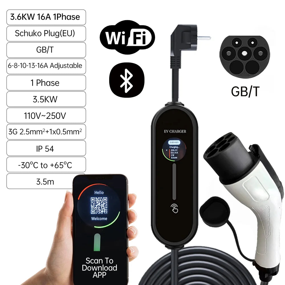 Electric Car Charger 3.5kW IEC62196-2 16A Type 2 Portable EV Charger Type1 SAEJ1772 EU Plug Charging Cable for Electric Vehicles