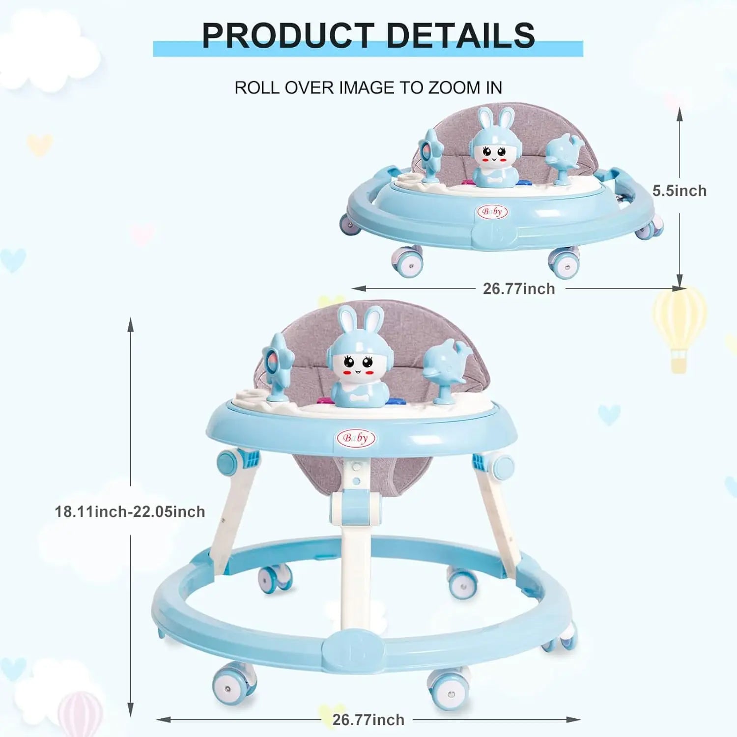 Musical Baby Walker Foldable Anti-Roll 6-Wheel Round Chassis Baby Activities Walker 6-Speed Height Adjustment Baby Ride with Toy