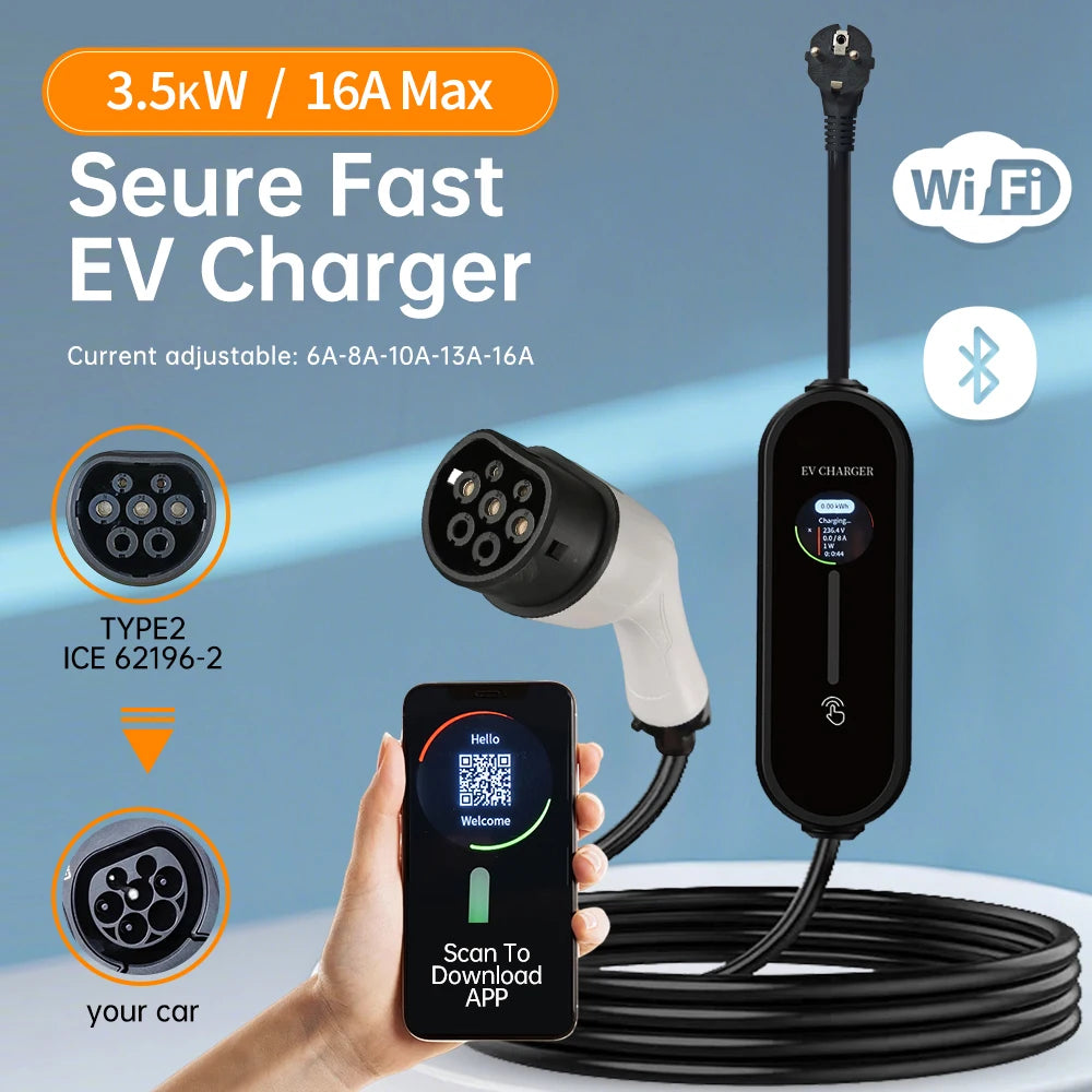 Electric Car Charger 3.5kW IEC62196-2 16A Type 2 Portable EV Charger Type1 SAEJ1772 EU Plug Charging Cable for Electric Vehicles