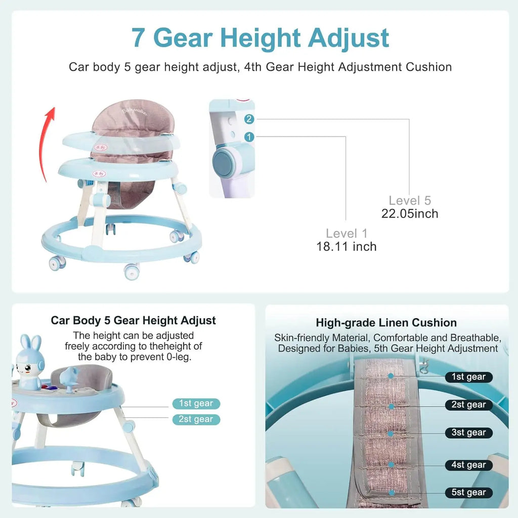 Musical Baby Walker Foldable Anti-Roll 6-Wheel Round Chassis Baby Activities Walker 6-Speed Height Adjustment Baby Ride with Toy
