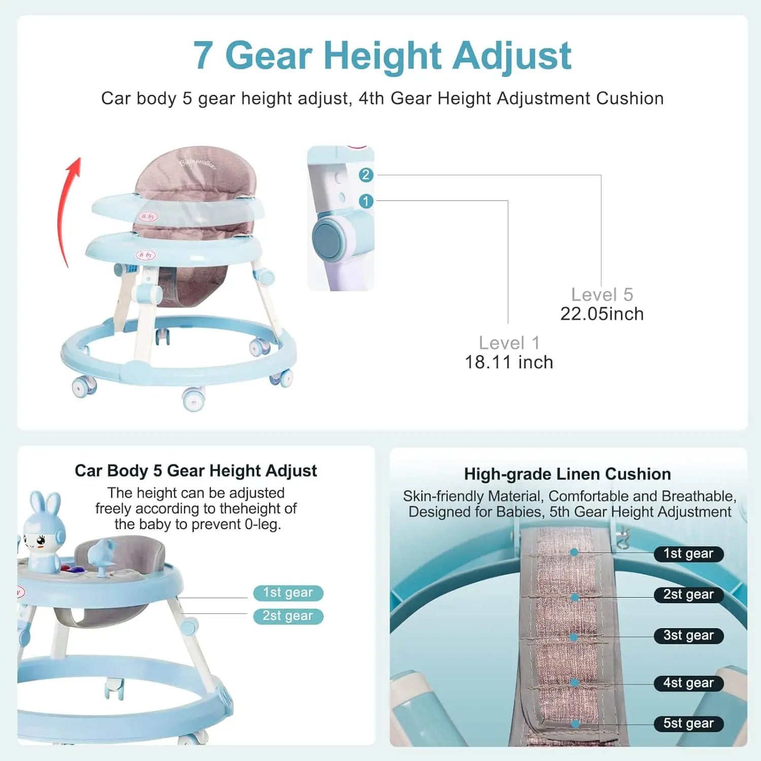 Musical Baby Walker Foldable Anti-Roll 6-Wheel Round Chassis Baby Activities Walker 6-Speed Height Adjustment Baby Ride with Toy