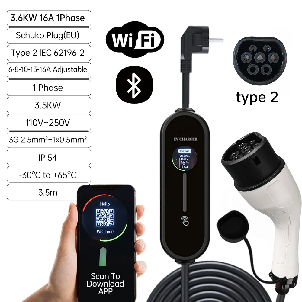 Electric Car Charger 3.5kW IEC62196-2 16A Type 2 Portable EV Charger Type1 SAEJ1772 EU Plug Charging Cable for Electric Vehicles