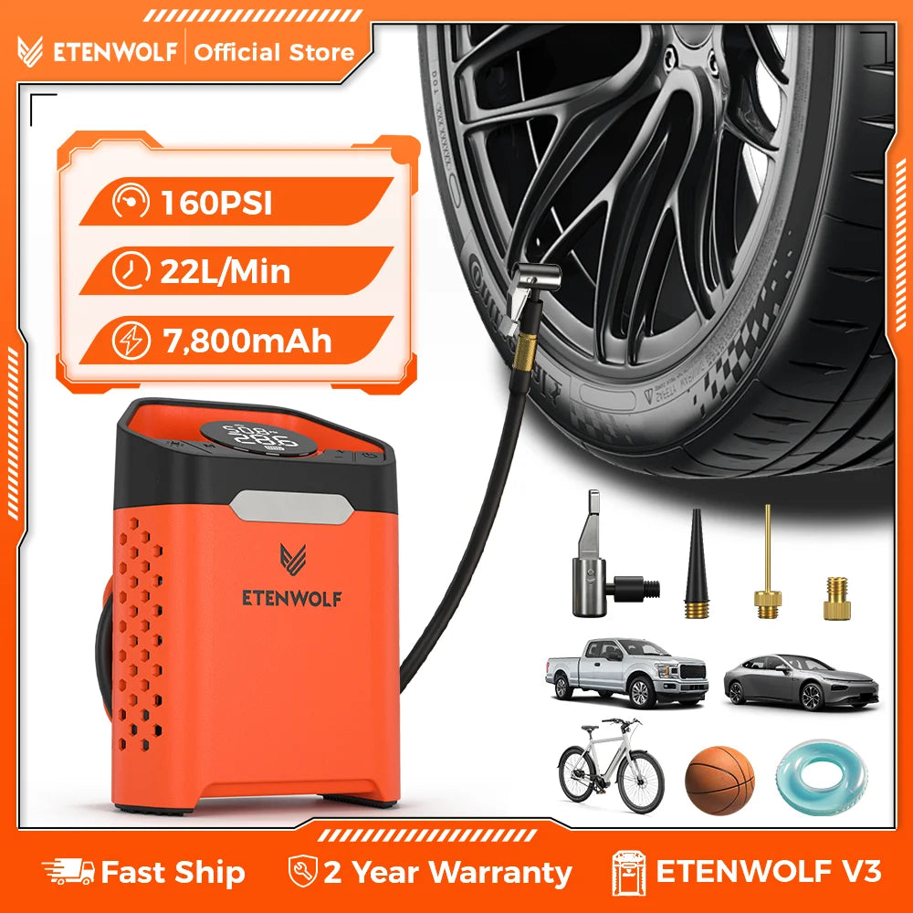 ETENWOLF ZEPHYR V3 Portable Car Compressor 160 PSI 100% Duty Cycle Car Tire Inflator 7800mAh For Cars Motorcycles Bicycles Balls