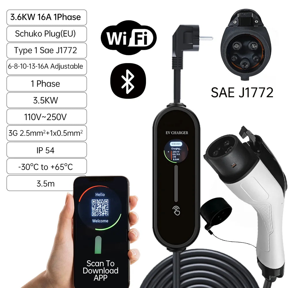 Electric Car Charger 3.5kW IEC62196-2 16A Type 2 Portable EV Charger Type1 SAEJ1772 EU Plug Charging Cable for Electric Vehicles
