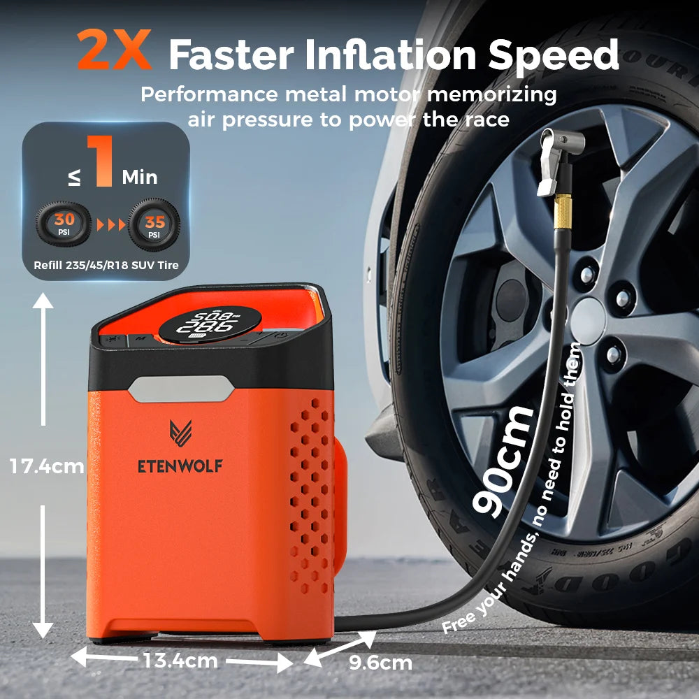 ETENWOLF ZEPHYR V3 Portable Car Compressor 160 PSI 100% Duty Cycle Car Tire Inflator 7800mAh For Cars Motorcycles Bicycles Balls