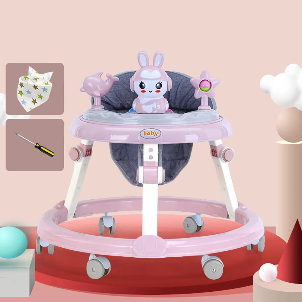 Musical Baby Walker Foldable Anti-Roll 6-Wheel Round Chassis Baby Activities Walker 6-Speed Height Adjustment Baby Ride with Toy