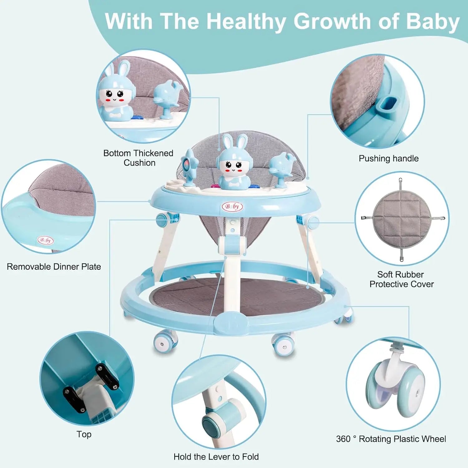 Musical Baby Walker Foldable Anti-Roll 6-Wheel Round Chassis Baby Activities Walker 6-Speed Height Adjustment Baby Ride with Toy