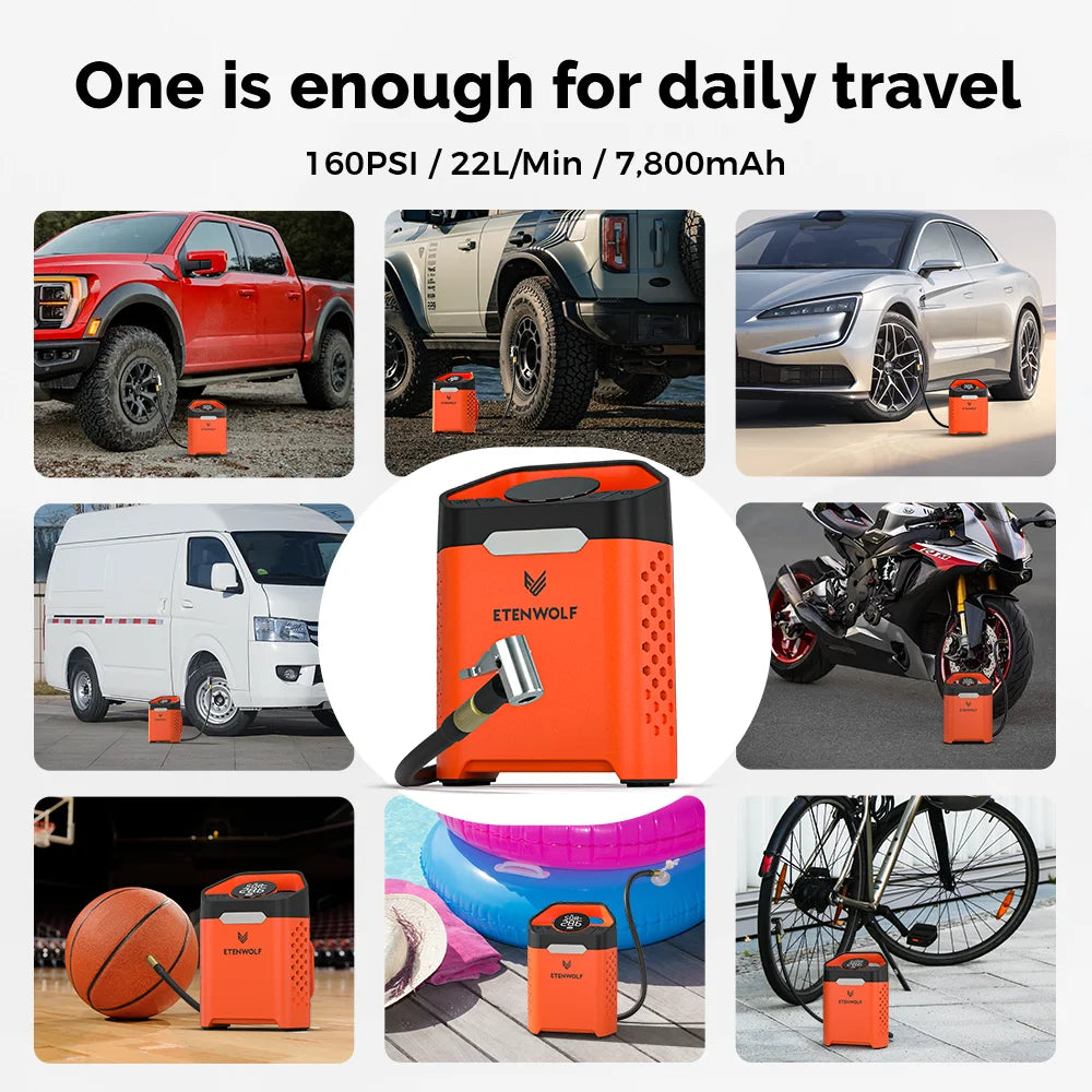 ETENWOLF ZEPHYR V3 Portable Car Compressor 160 PSI 100% Duty Cycle Car Tire Inflator 7800mAh For Cars Motorcycles Bicycles Balls