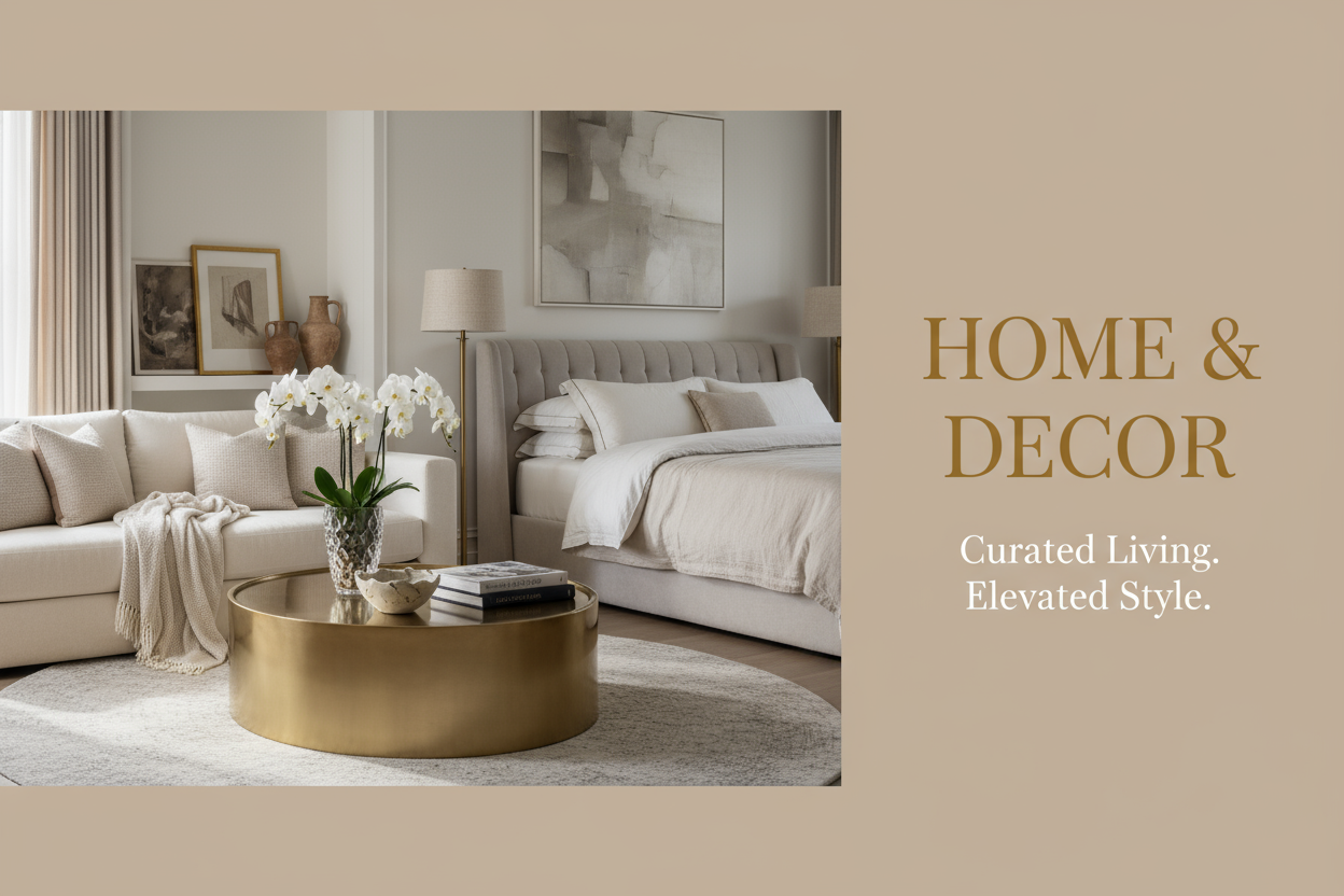 faça um banner para a categoria casa e decoração e coloque o título em inglês. A imagem deve ser premium para passar segurança e credibilidade