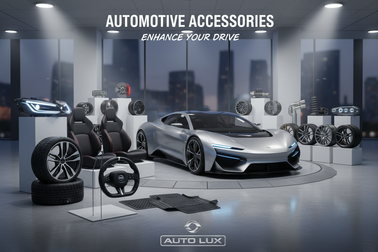 gere uma imagem para a categoria acessórios de carro. Coloque um carro na imagem com alguns acessórios como farol, banco, roda, aro e etc