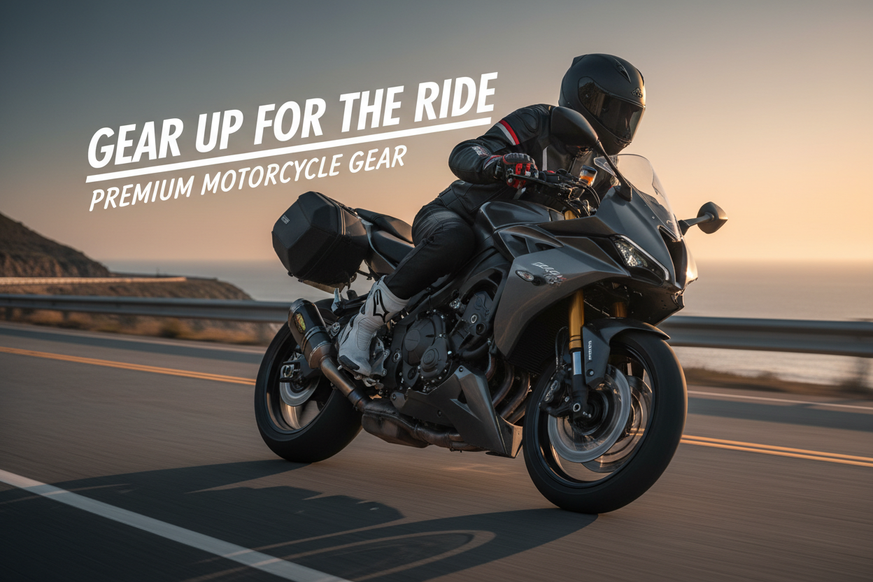 monte uma imagem para a categoria moto. Nessa imagem terá uma motoqueiro em uma moto de luxo todo equipado com, capacete, luva, jaqueta de motoqueiro, calça de motoqueiro e uma bota de motoqueiro branca brilhosa. O motqueiro está pilotando uma moto corrida popular. Você deve colocar um titulo em ingles para promover a venda de acessórios de moto, como Botas, Luvas, Jaquetas, Calças e capacetes