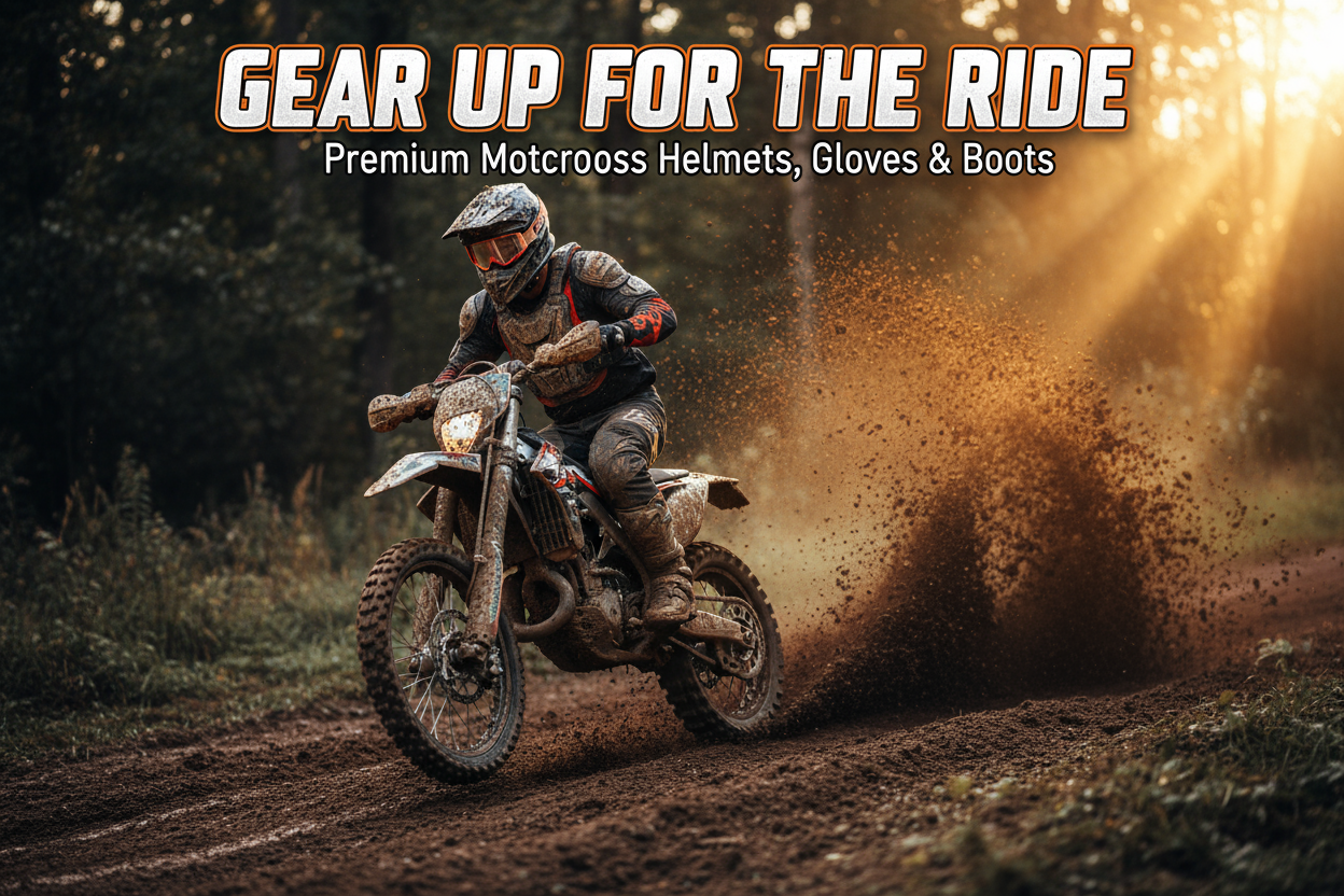 monte uma imagem para a categoria motocross. Nessa imagem terá uma motoqueiro todo equipado com capacete, luva e bota passando pela lama. O motequeiro está sujo. coloque um título para promover a venda de materiais como Capacete, Luvas e botas para motocross. as informações devem ser em ingles 